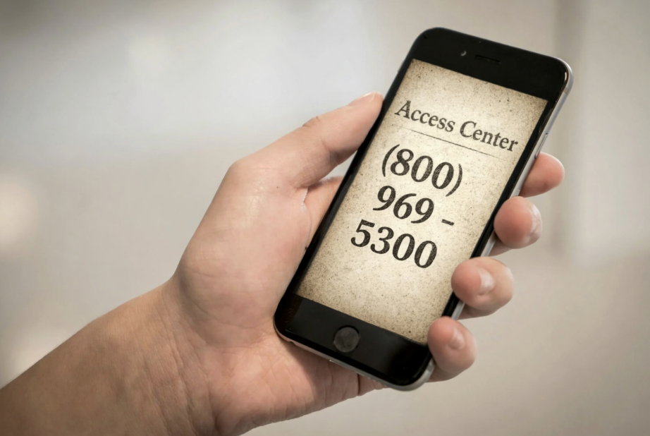 Hand holding a smartphone displaying “Access Center (800) 969-5300” on a vintage-style background.